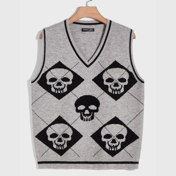 

Men V-neck Skull Pattern Sweater Vest, Grey