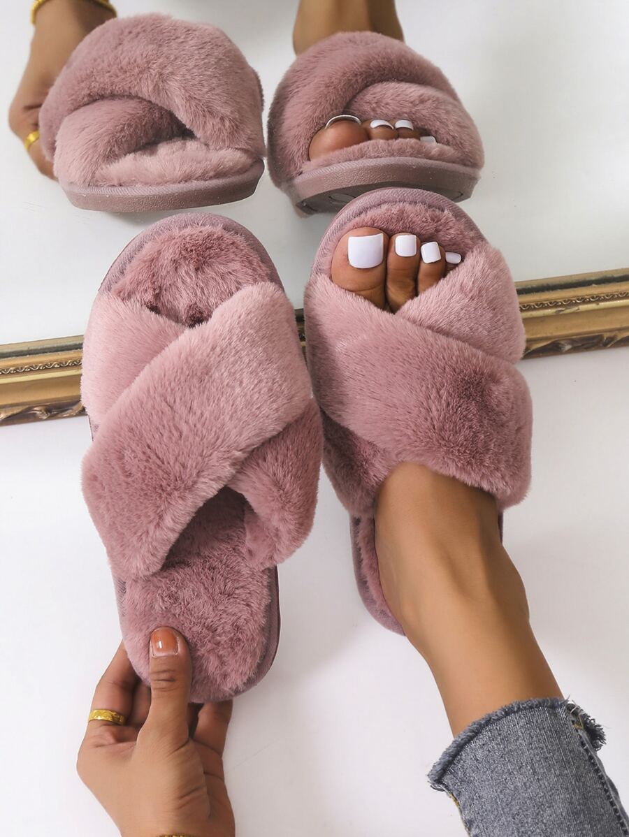 Women's Plush Criss-Cross Strap Slippers, Solid Color, Casual, Lightweight, Non-Slip, Suitable For Bedroom, Spring/Autumn,Fluffy Slippers