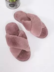 Women's Plush Criss-Cross Strap Slippers, Solid Color, Casual, Lightweight, Non-Slip, Suitable For Bedroom, Spring/Autumn,Fluffy Slippers - Redwood - View 3