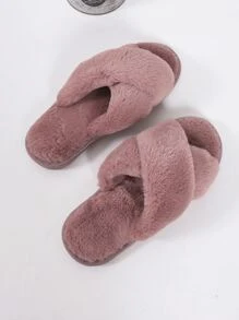 Women's Plush Criss-Cross Strap Slippers, Solid Color, Casual, Lightweight, Non-Slip, Suitable For Bedroom, Spring/Autumn,Fluffy Slippers - Redwood - View 5