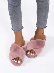 Women's Plush Criss-Cross Strap Slippers, Solid Color, Casual, Lightweight, Non-Slip, Suitable For Bedroom, Spring/Autumn,Fluffy Slippers - Redwood - View 6