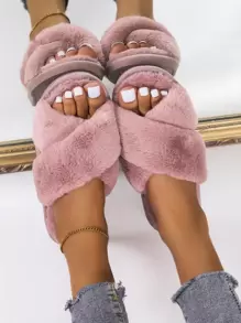 Women's Plush Criss-Cross Strap Slippers, Solid Color, Casual, Lightweight, Non-Slip, Suitable For Bedroom, Spring/Autumn,Fluffy Slippers - Redwood - View 8