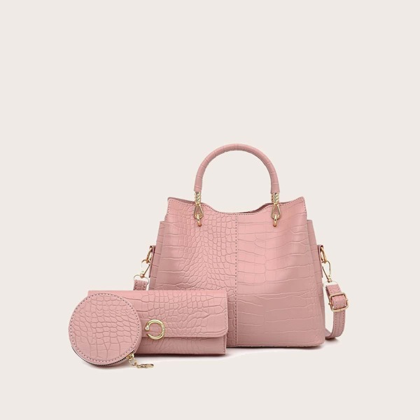 

3pcs Croc Embossed Bag Set, Pink