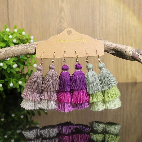 

3pairs Tassel Design Drop Earrings, Multicolor