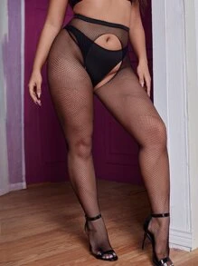 Plus Size Black High Stretch Fishnet Stockings With Cut Out Detail Sexy Lingerie Accessories
