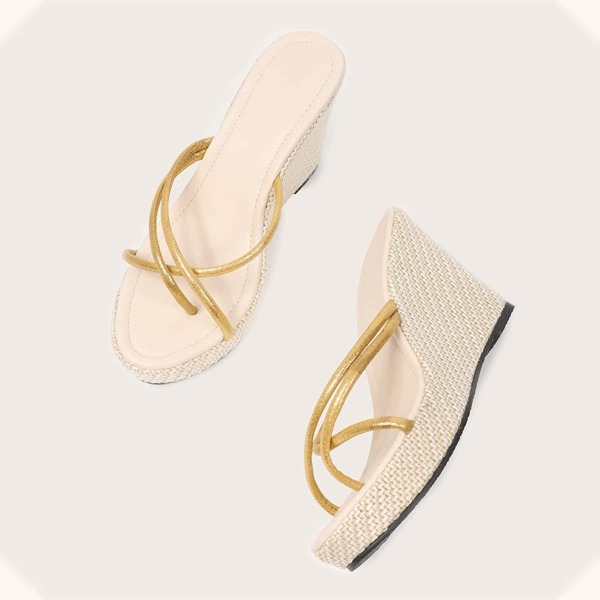 

Metallic Thong Wedge Mules, Gold