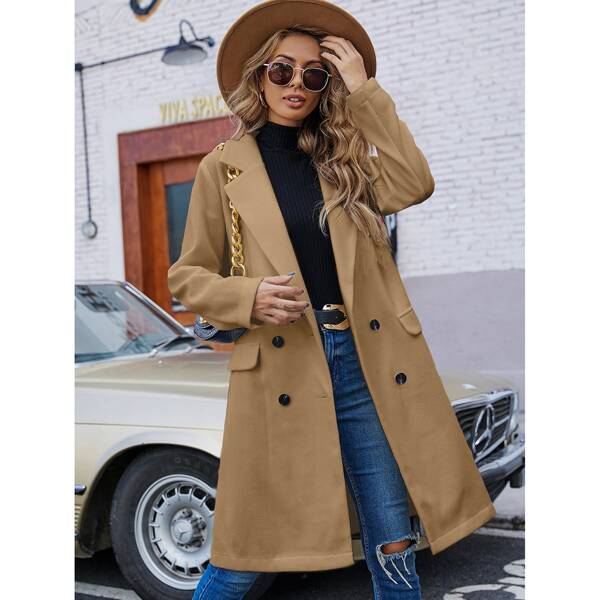 

Solid Double Breasted Overcoat, Camel