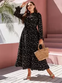 SHEIN Clasi Plus Ditsy Floral Tie Neck Flounce Sleeve Ruffle Hem Dress Maxi Women Outfit Fall Cloth For Women - Black - View 1