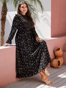 SHEIN Clasi Plus Ditsy Floral Tie Neck Flounce Sleeve Ruffle Hem Dress Maxi Women Outfit Fall Cloth For Women - Black - View 4
