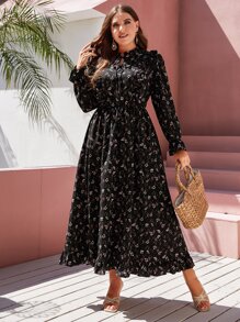 SHEIN Clasi Plus Ditsy Floral Tie Neck Flounce Sleeve Ruffle Hem Dress Maxi Women Outfit Fall Cloth For Women - Black - View 5