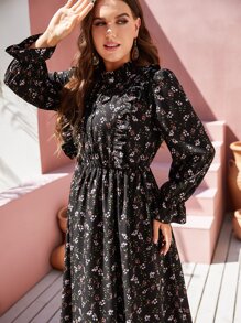 SHEIN Clasi Plus Ditsy Floral Tie Neck Flounce Sleeve Ruffle Hem Dress Maxi Women Outfit Fall Cloth For Women - Black - View 6