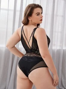 Plus Contrast Lace Mesh Plunge Teddy Bodysuit - Black - View 2