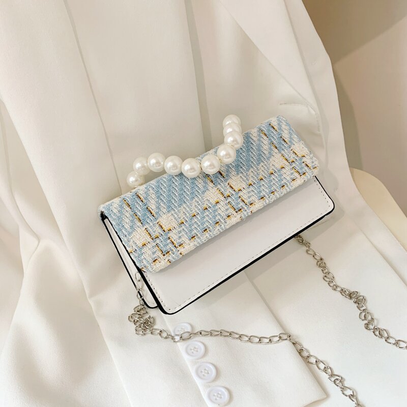 

Faux Pearl Beaded Satchel Bag, Baby blue
