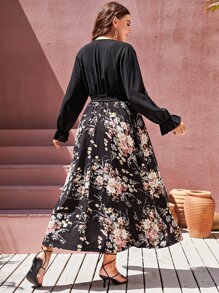 SHEIN Clasi Plus Floral Print Flounce Sleeve Belted Dress - Multicolor - View 2