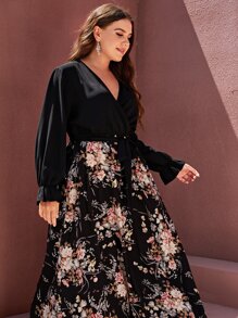 SHEIN Clasi Plus Floral Print Flounce Sleeve Belted Dress - Multicolor - View 3