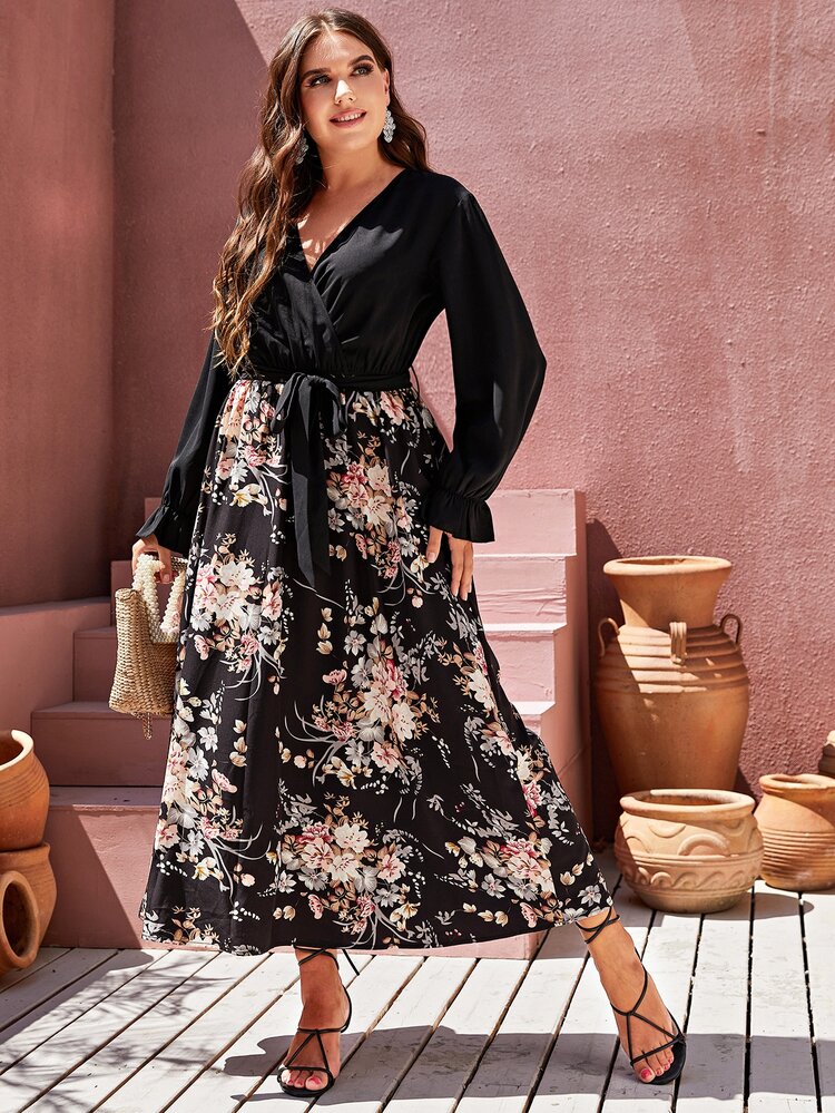 SHEIN Clasi 大碼印花荷葉袖繫腰帶洋裝 - 彩色 - 查看 4