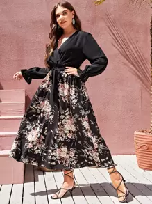 SHEIN Clasi Plus Floral Print Flounce Sleeve Belted Dress - Multicolor - View 6