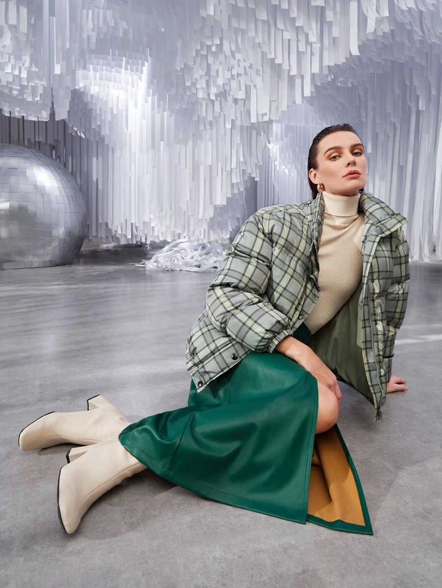 SHEIN Unity Plaid Drop Shoulder Slant Pocket Padded Coat - Multicolor - View 1