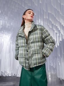 SHEIN Unity Plaid Drop Shoulder Slant Pocket Padded Coat - Multicolor - View 3