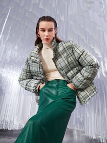 SHEIN Unity Plaid Drop Shoulder Slant Pocket Padded Coat - Multicolor - View 4