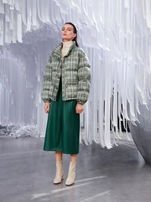 SHEIN Unity Plaid Drop Shoulder Slant Pocket Padded Coat - Multicolor - View 5