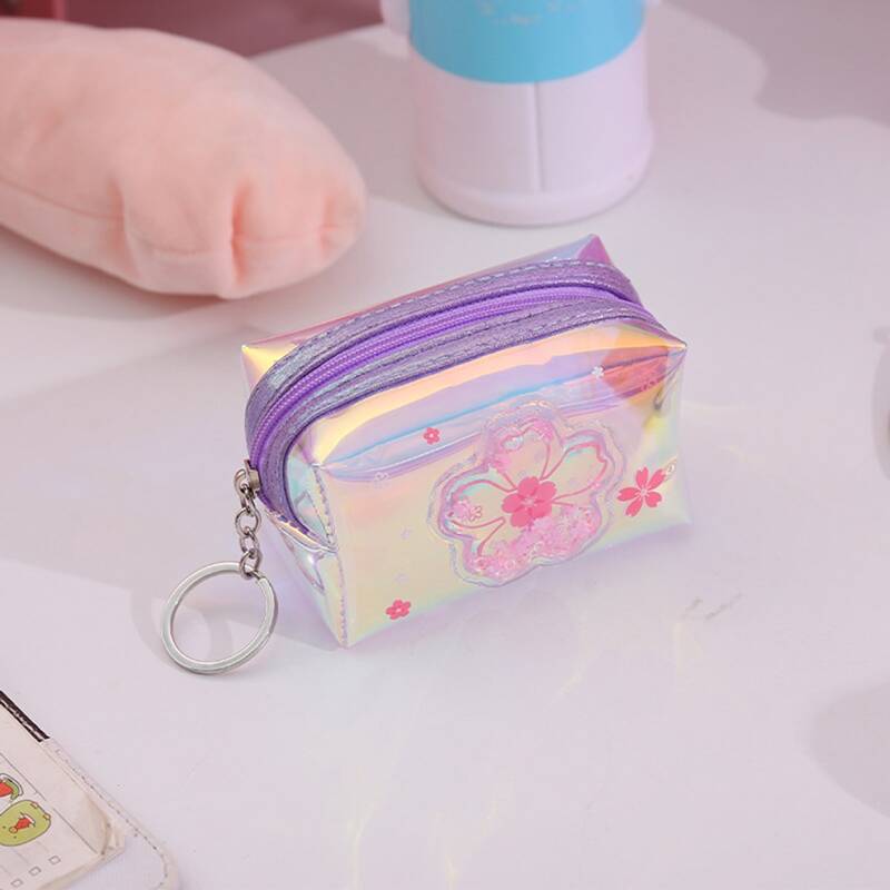 

1pc Flower Pattern Laser Square Makeup Bag, Purple