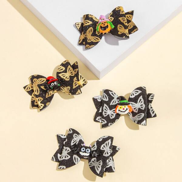 

4pcs Halloween Pumpkin Decor Bow Hair Clip, Multicolor