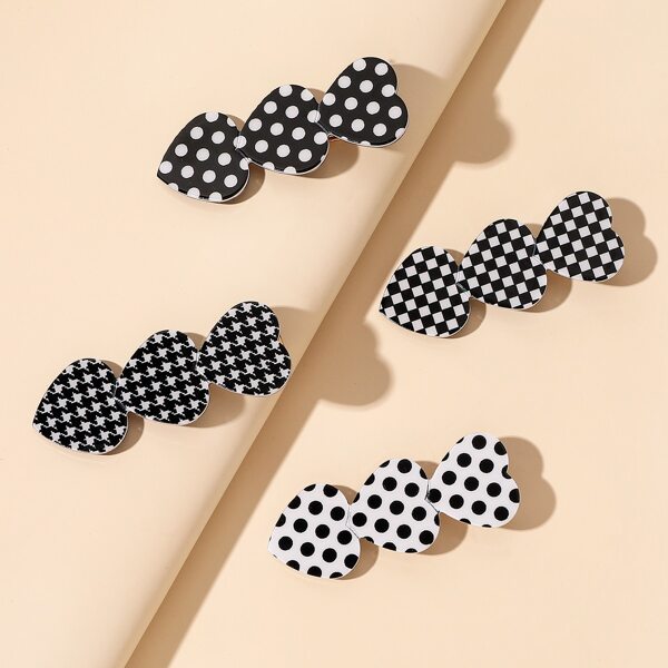 

4pcs Heart Decor Hair Clip, Black and white