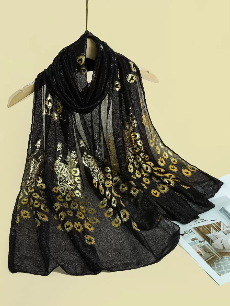 Khăn quàng in hình con công boho để mặc hàng ngày - màu đen - Xem 1