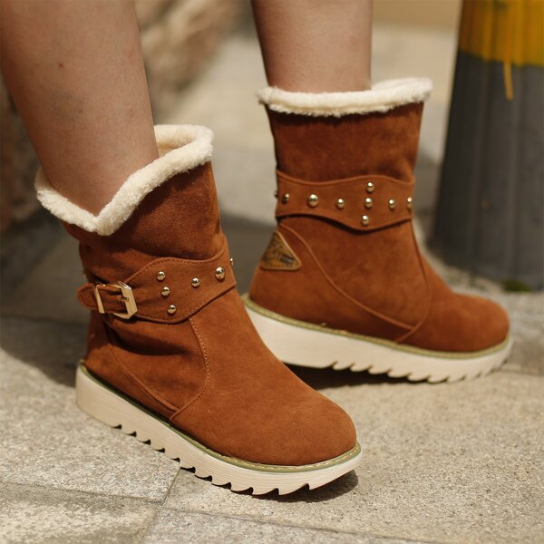 

Studded & Buckle Decor Slip-On Snow Boots, Brown
