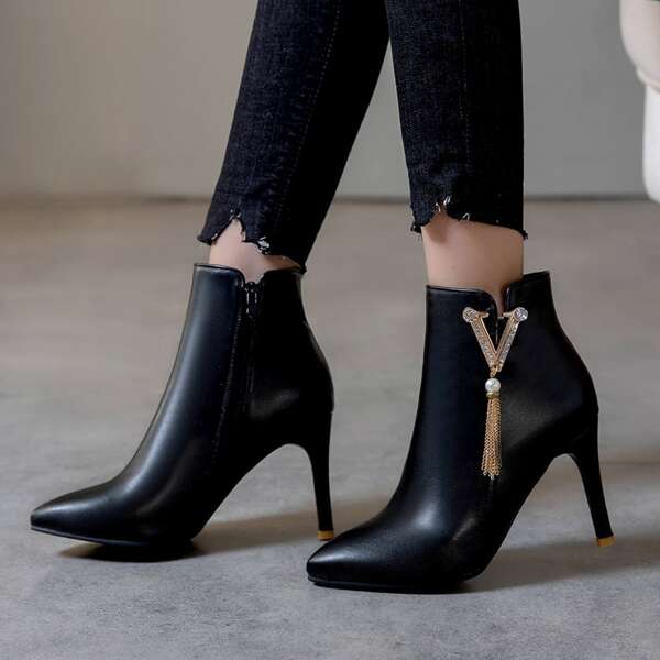 

Rhinestone & Tassel Decor Stiletto Heeled Boots, Black