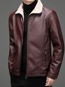 Manfinity Men Zip Pocket Borg Collar Teddy Lined PU Leather Jacket