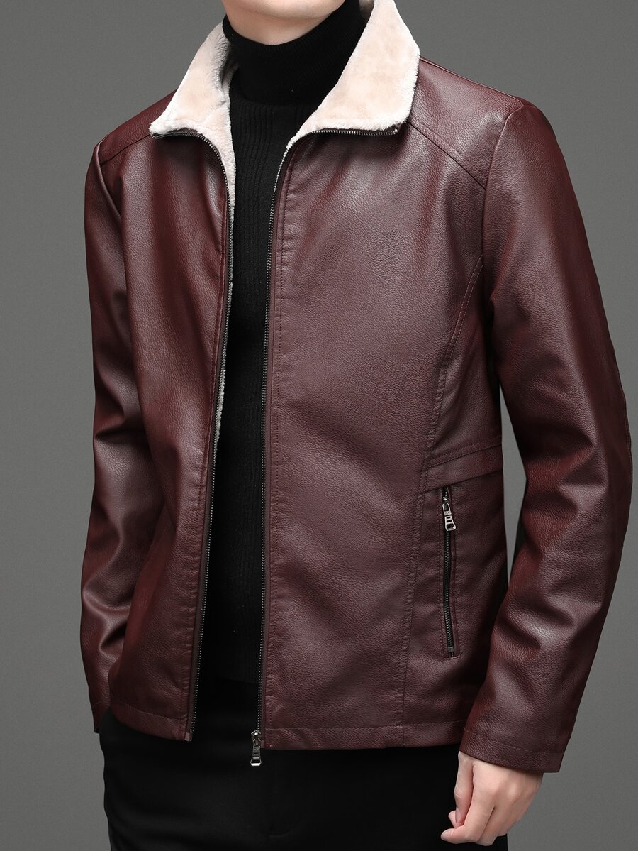 Manfinity Men Zip Pocket Borg Collar Teddy Lined PU Leather Jacket