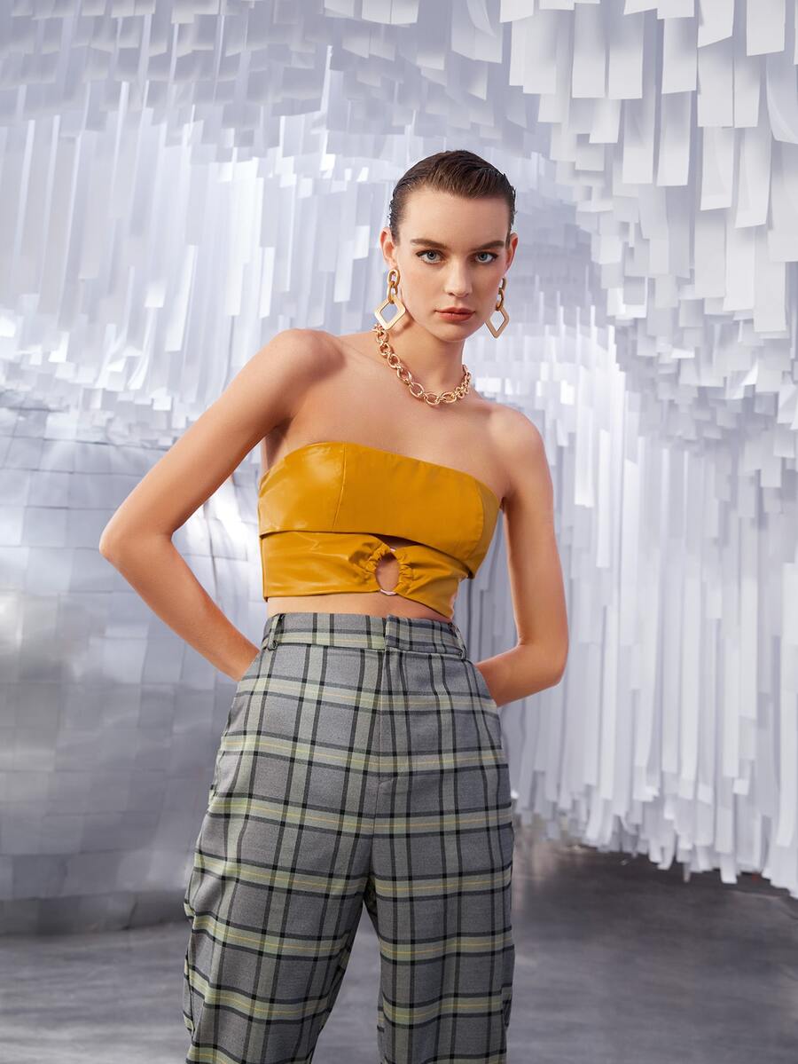 SHEIN Unity O-ring Front Crop PU Leather Tube Top - Ginger - View 1