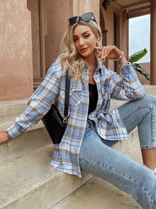 Simplee Plaid Flap Pocket Button Through Shirt - Multicolor - View 5