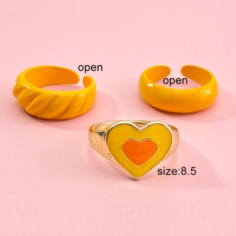 

3pcs Heart Decor Ring, Yellow