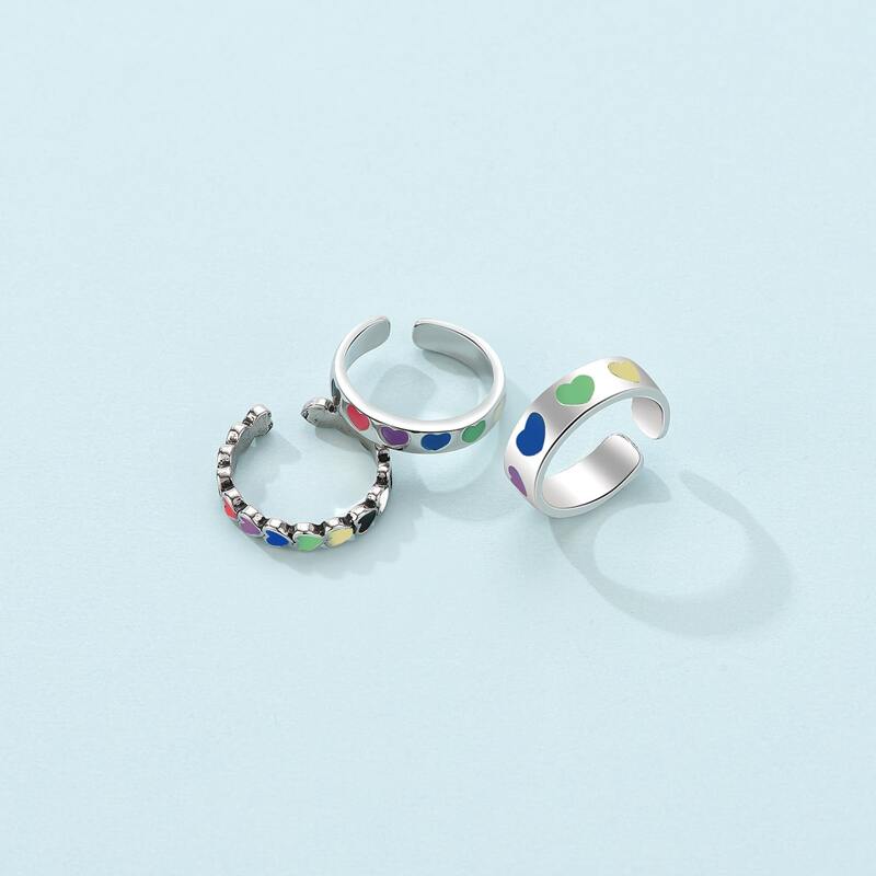 

3pcs Heart Graphic Cuff Ring, Multicolor