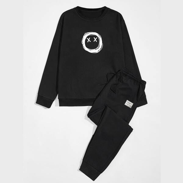 

Men Cartoon Graphic Sweatshirt & Drawstring Waist Sweatpants, Black