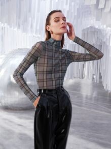 BizChic Mock Neck Plaid Print Top Workwear - Multicolor - View 1