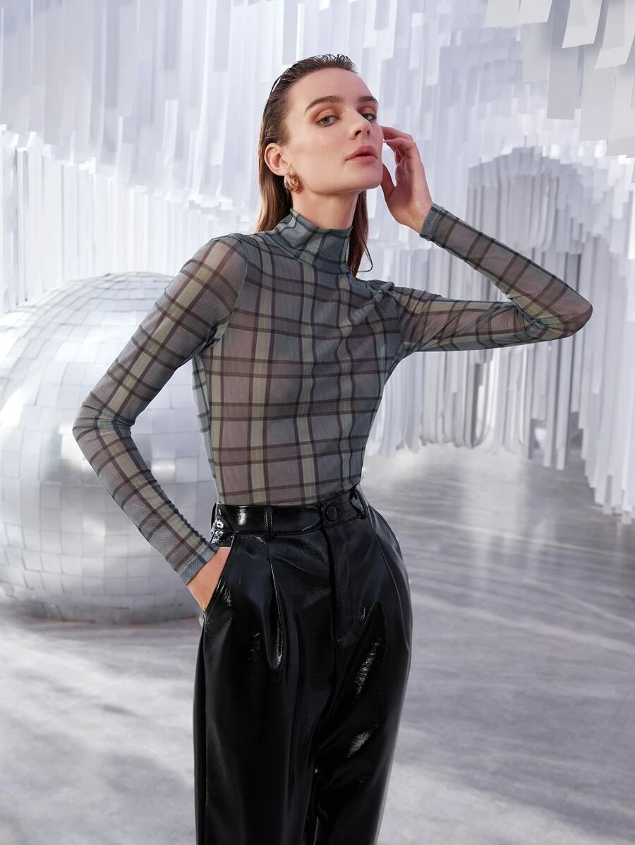 BizChic Mock Neck Plaid Print Top Workwear - Multicolor - View 1