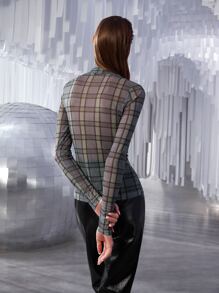 BizChic Mock Neck Plaid Print Top Workwear - Multicolor - View 2