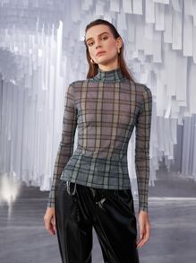 BizChic Mock Neck Plaid Print Top Workwear - Multicolor - View 8