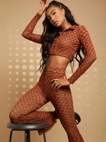SHEIN Blouse courte à imprimé géométrique & Pantalon évasé taille haute