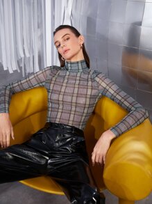 BizChic Mock Neck Plaid Print Top Workwear - Multicolor - View 9