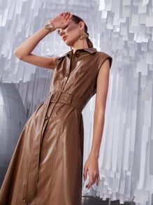 SHEIN Unity Button Front Sleeveless Belted PU Leather Dress - Coffee Brown - View 1