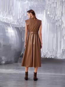 SHEIN Unity Button Front Sleeveless Belted PU Leather Dress - Coffee Brown - View 2