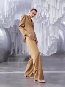 SHEIN Unity High Waist Plicated Slit Hem Pants - Apricot - View 1