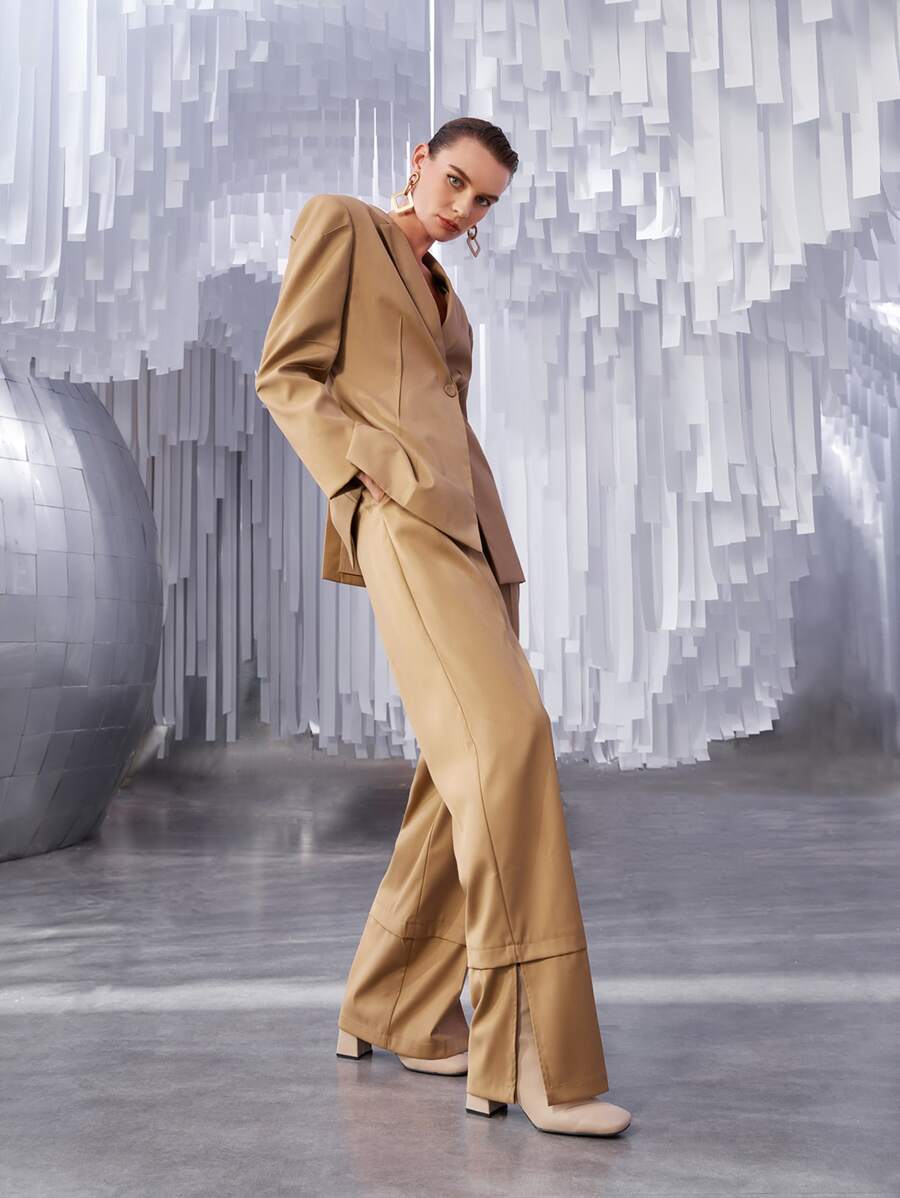 SHEIN Unity High Waist Plicated Slit Hem Pants - Apricot - View 1