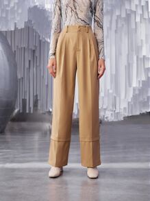 SHEIN Unity High Waist Plicated Slit Hem Pants - Apricot - View 3