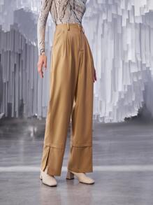 SHEIN Unity High Waist Plicated Slit Hem Pants - Apricot - View 4